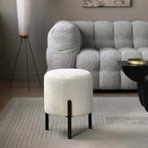 Round Nordic white boucle sherpa vanity stool with black legs, perfect as an accent chair